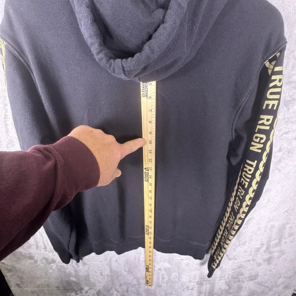 True Religion Hoodie Mens Large Black Full Zip Sweatshirt Gold Chain Sleeve‎